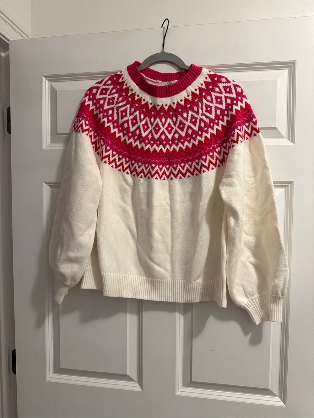 Cream and Red Fair Isle Crewneck Sweater